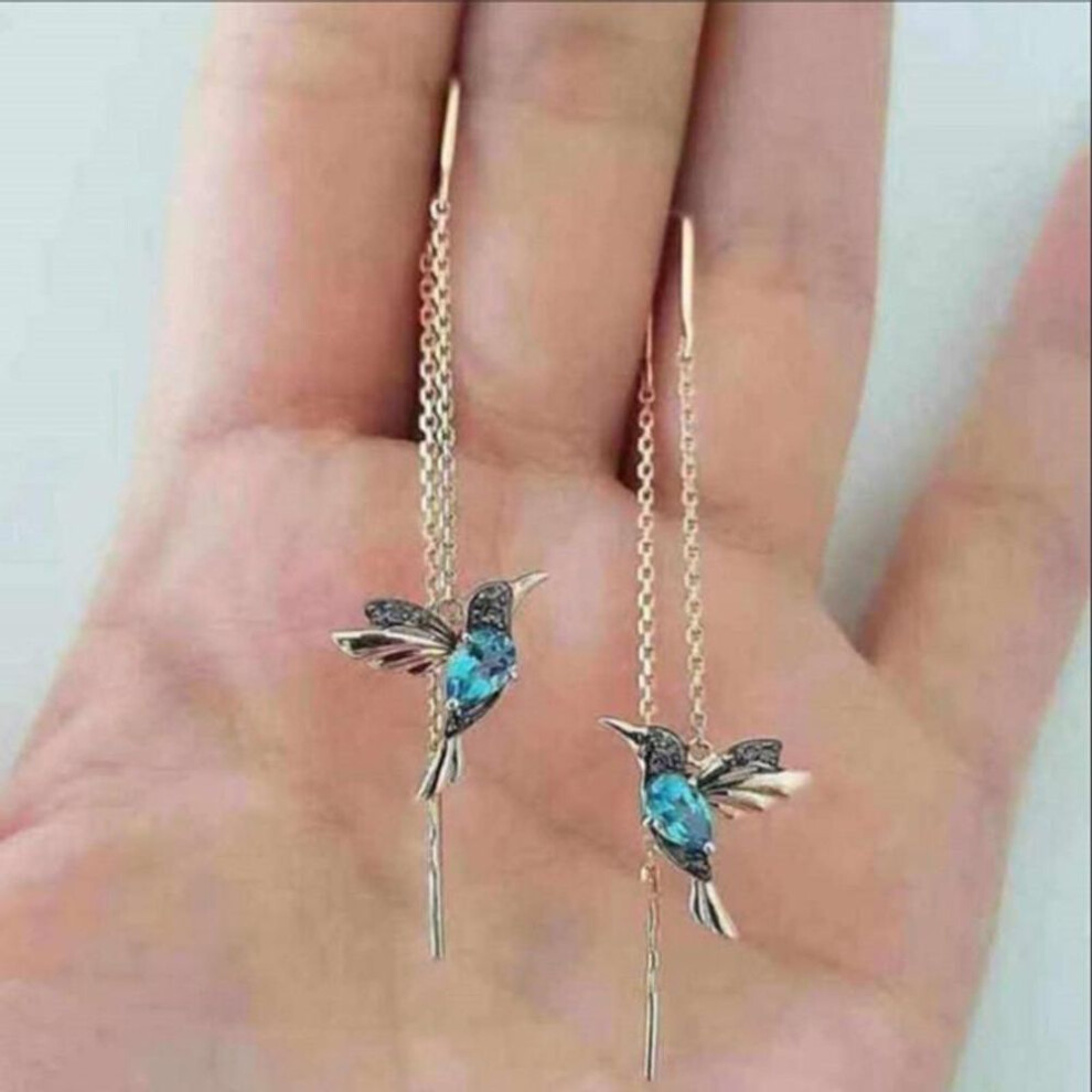 (blue) Long Drop Earrings Bird Pendant Tassel Crystal Pendant Earrings Ladies Jewelry