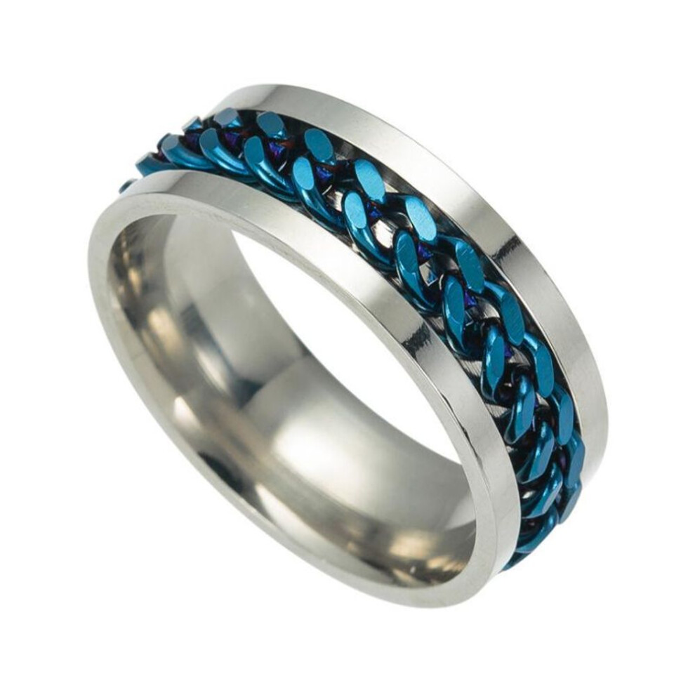 (blue, 7) Punk Men's Women's Stainless Steel Chain Inlaid Finger Ring Jewelry Charm Gift Stainless Steel Ring