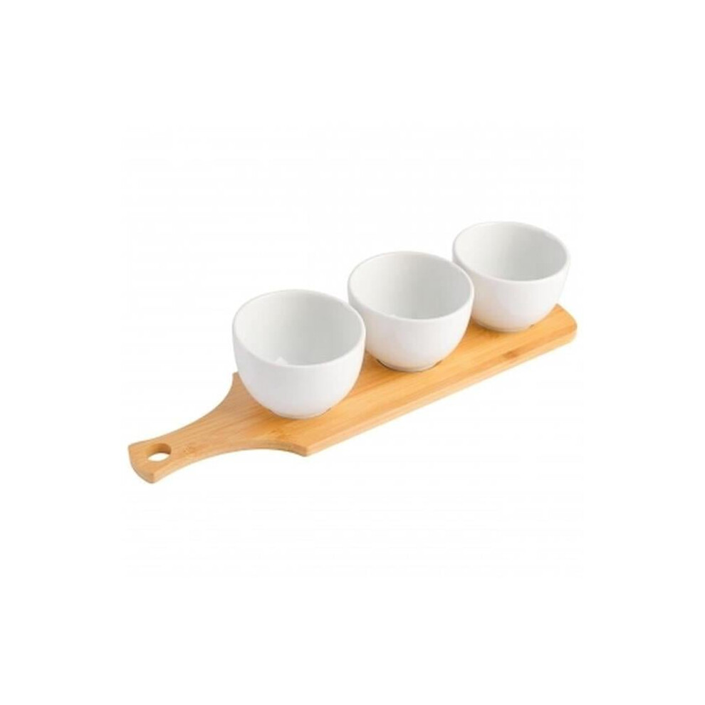 Gibson 134308.04R Gracious Dining White Fine Ceramic Tidbit Bowl Set with Bamboo Serving Tray - 3 Piece