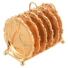 Series 6 Piece Drink Coaster Decorative Frame Non-Slip Metal Desktop Display With Pole Frame, Kitchen, Coffee Table Decoration (Gold)