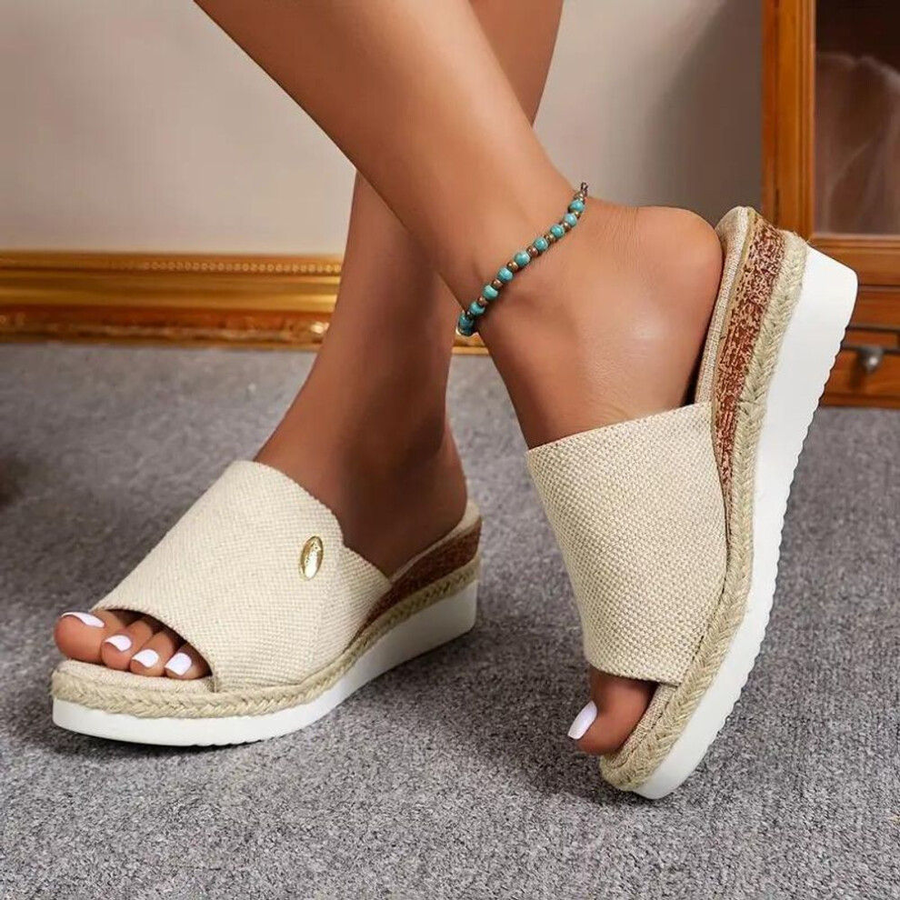 (beige, 40) Women's Solid Color Stylish Sandals Slip On Platform Summer Wedge Slides Lightweight Non-slip Slides