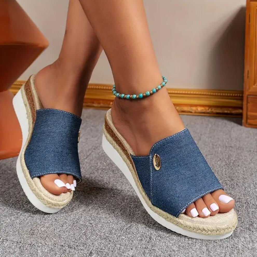 (blue, 40) Women's Solid Color Stylish Sandals Slip On Platform Summer Wedge Slides Lightweight Non-slip Slides