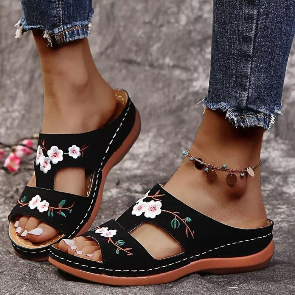 (black, 35) 2025 Summer Women Wedge Sandals Premium Orthopedic Open Toe Slipper Vintage Anti-slip Leather Casual Female Platform Embroidered Shoes
