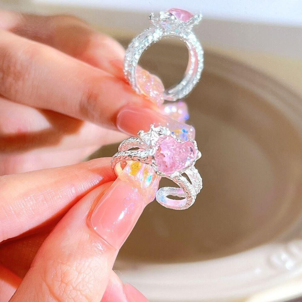 (2) IF ME  Zircon Silver Ring for Women Opening Sweet Pink Crystal Bow Heart Rings Accessories Jewelry