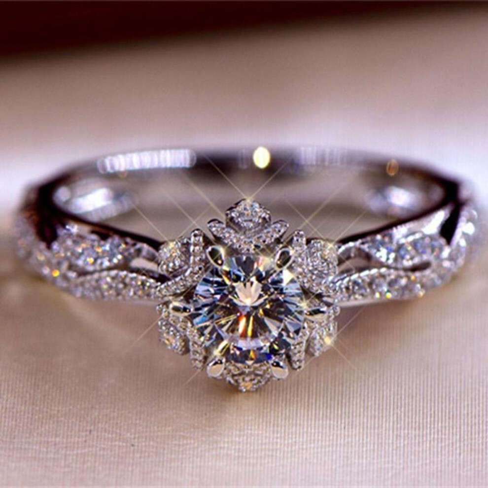 (as the picture, 11) Round Cut White Stone Vintage Floral Ring Bride Engagement Wedding Band Ring Size 5-10