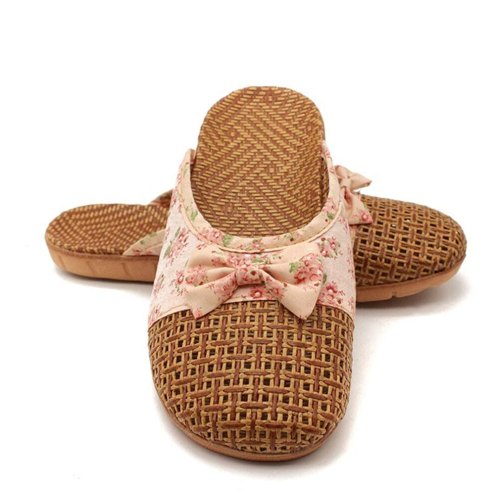 (pink, 35-36) Summer Women Flat Slippers Casual Slides Floral Bow Linen Women Sandals Indoor Shoes