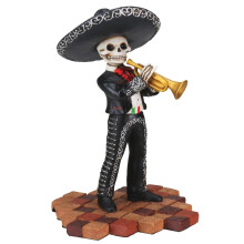 Skelett-Totenkopf: Schwarze Mariachi-Trompetenstatue – Handhaltendes Harz-Paar, Dia de los Muertos, detailreich