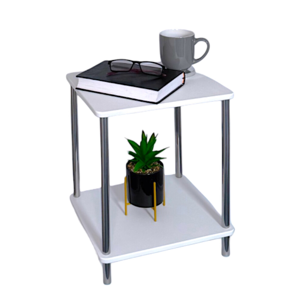 Small 2 Tier White Gloss Finish Side Table with Shelf Coffee End Table
