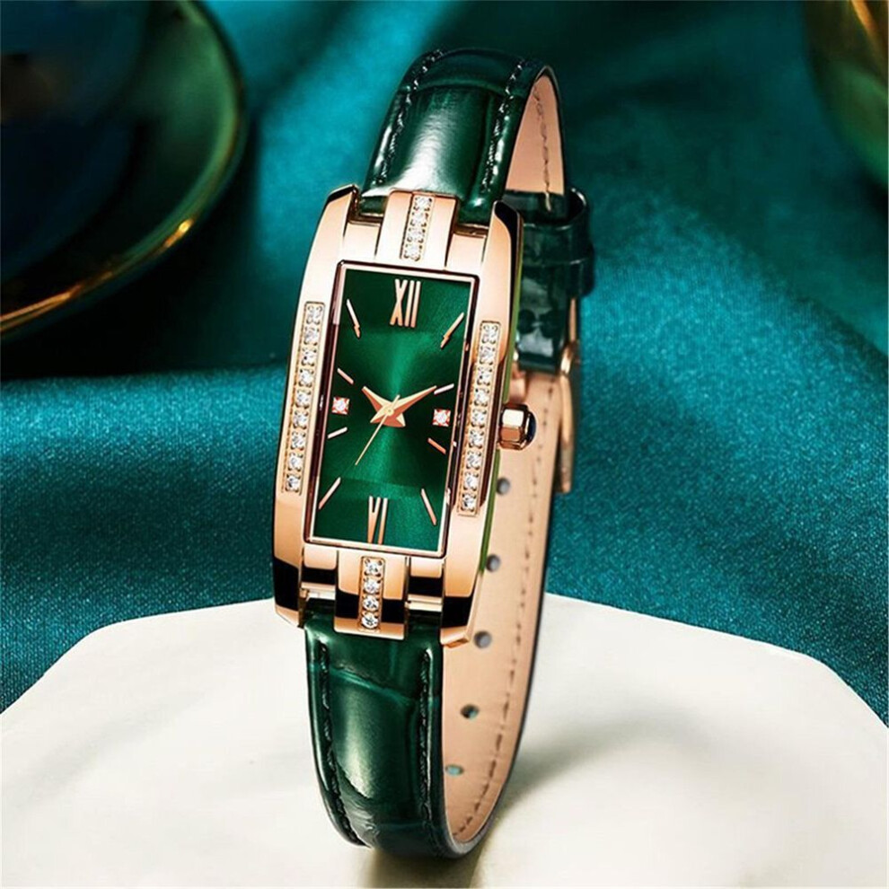 (green) Elegant Watches Fashion Rectangular Ladies Quartz Watch Green Dial Simple Leather Luxury Women Gifts Watches