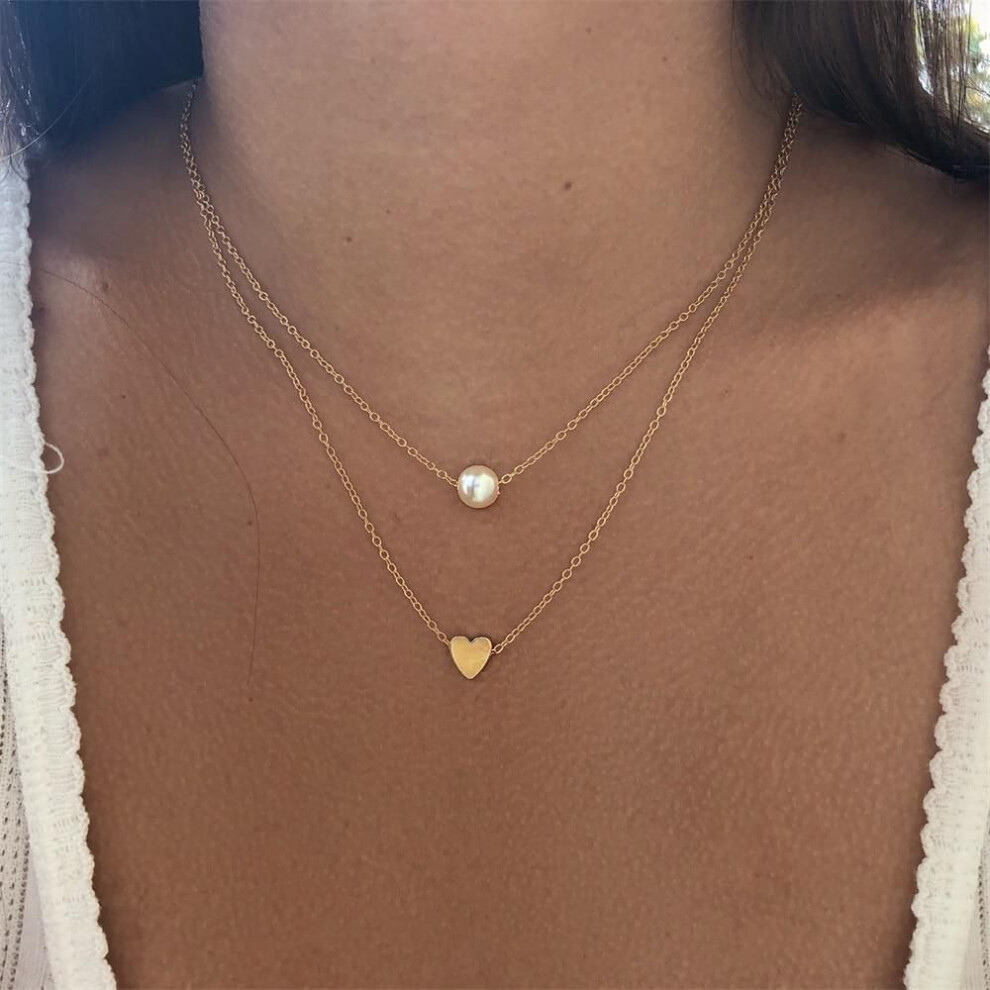(gold) Fashion Pearl Love Double Necklace Accessories Women Necklace Simple Gift