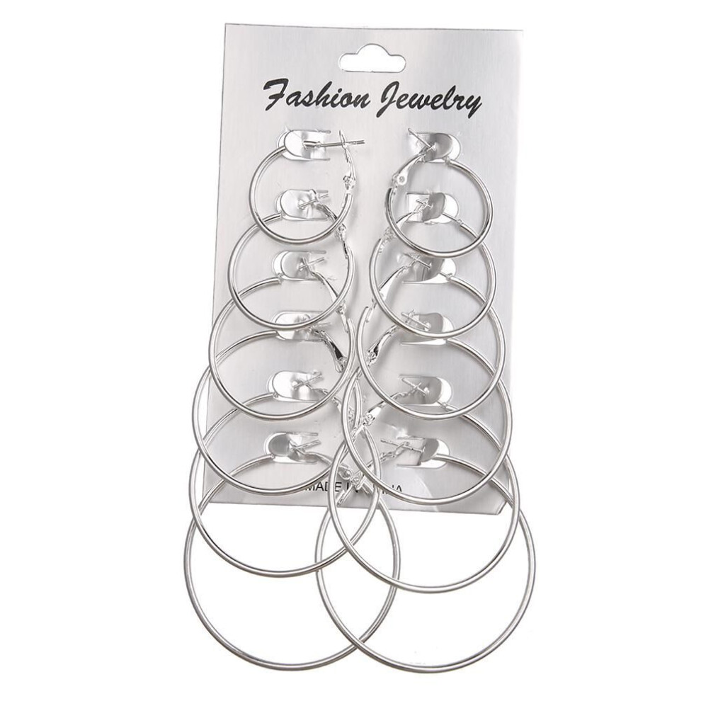 (silver) 6 Pairs / Set Of Retro Hanging Large Circle Earrings Women Steampunk Ear Clip
