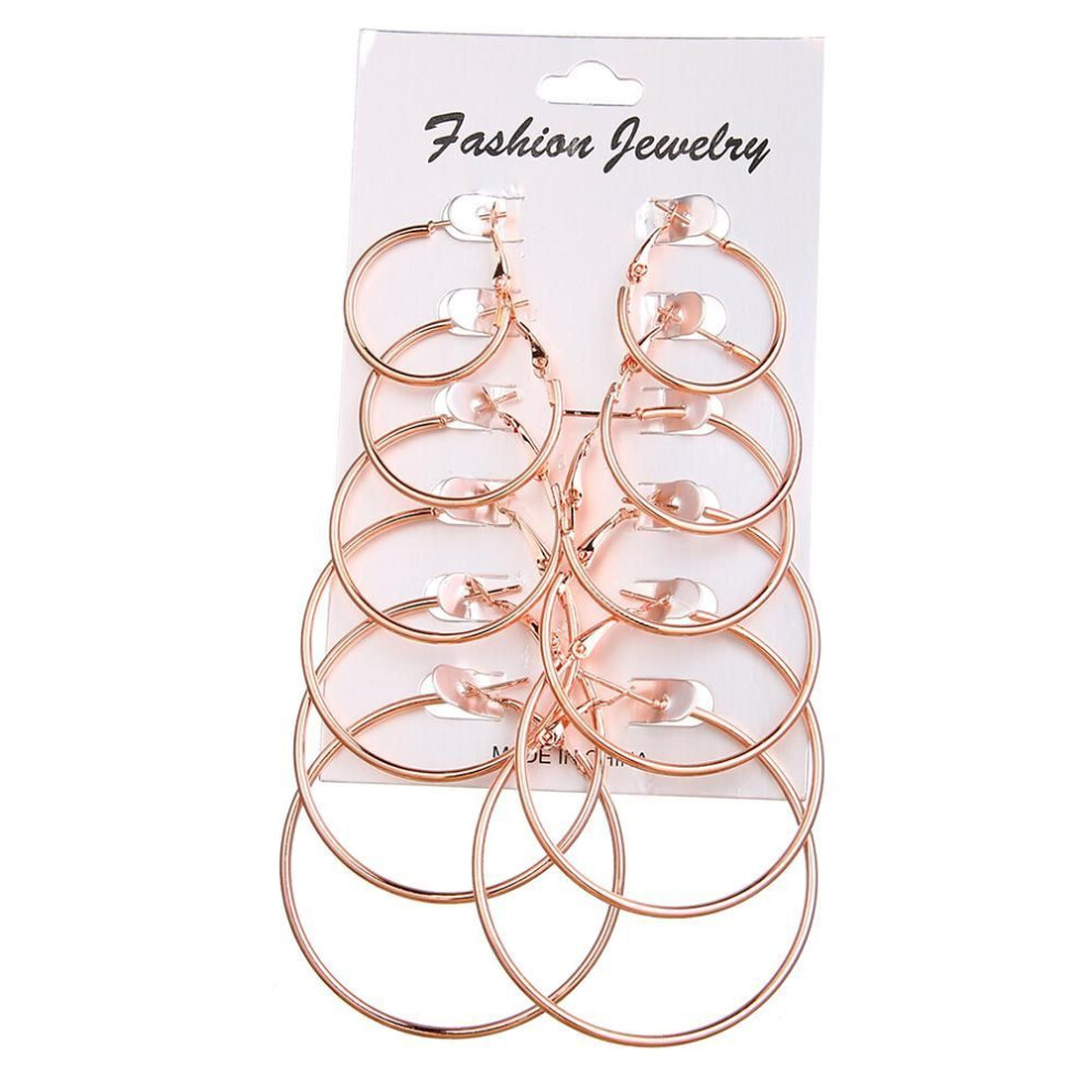 (rose gold) 6 Pairs / Set Of Retro Hanging Large Circle Earrings Women Steampunk Ear Clip