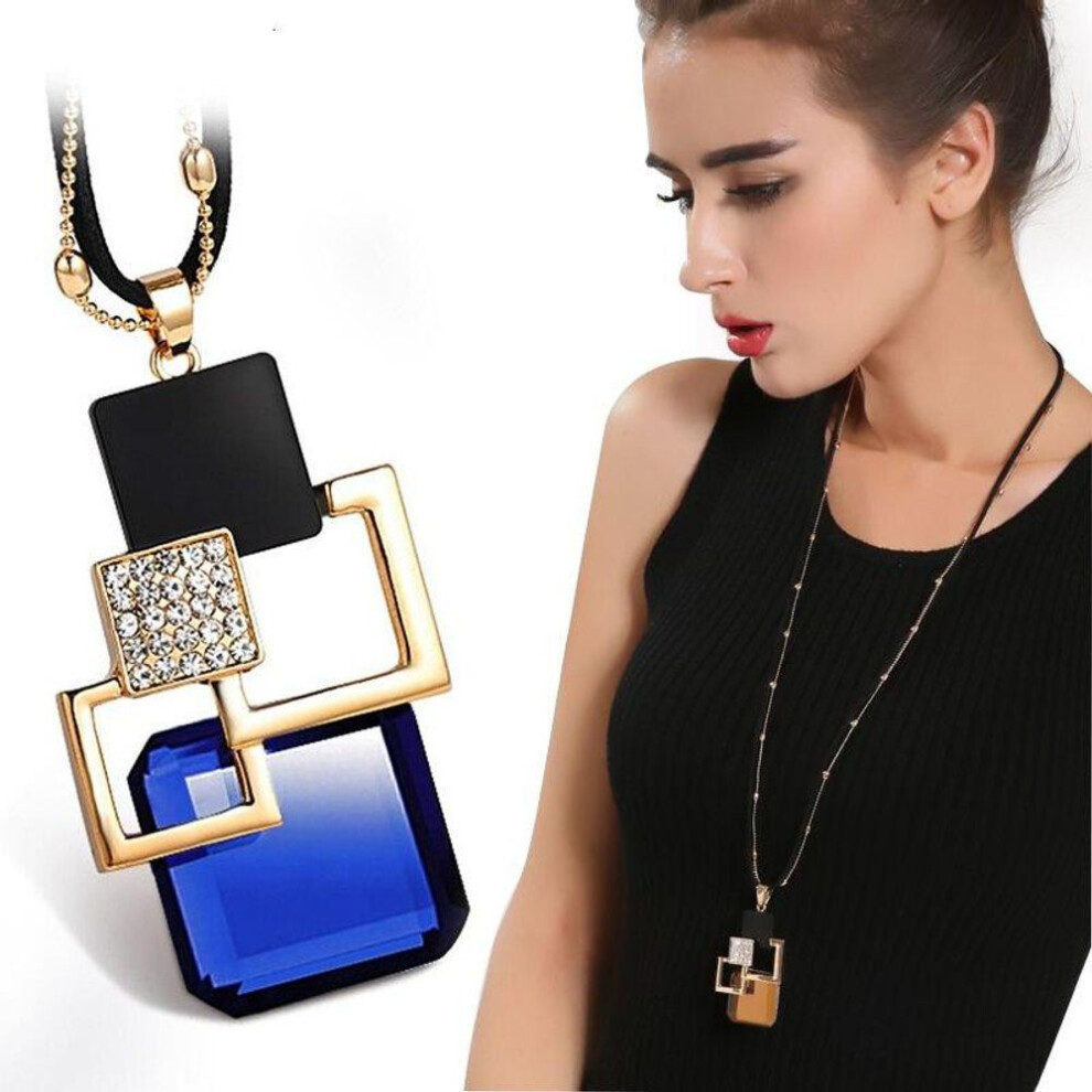(blue) Fashion Crystal Geometric Necklaces & Pendant For Women Collier Femme Long Statement Sweater Chain Necklace Jewelry Accessories