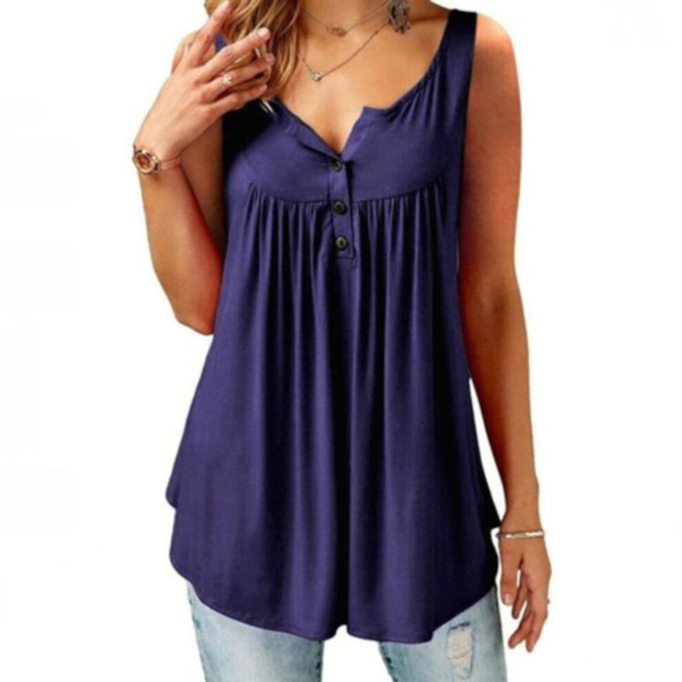 (L, dark purple) Plus Size Casual Sleeveless Tops Sexy Deep V-neck Halter Button Blouse Ladies Swing Flowy Vest
