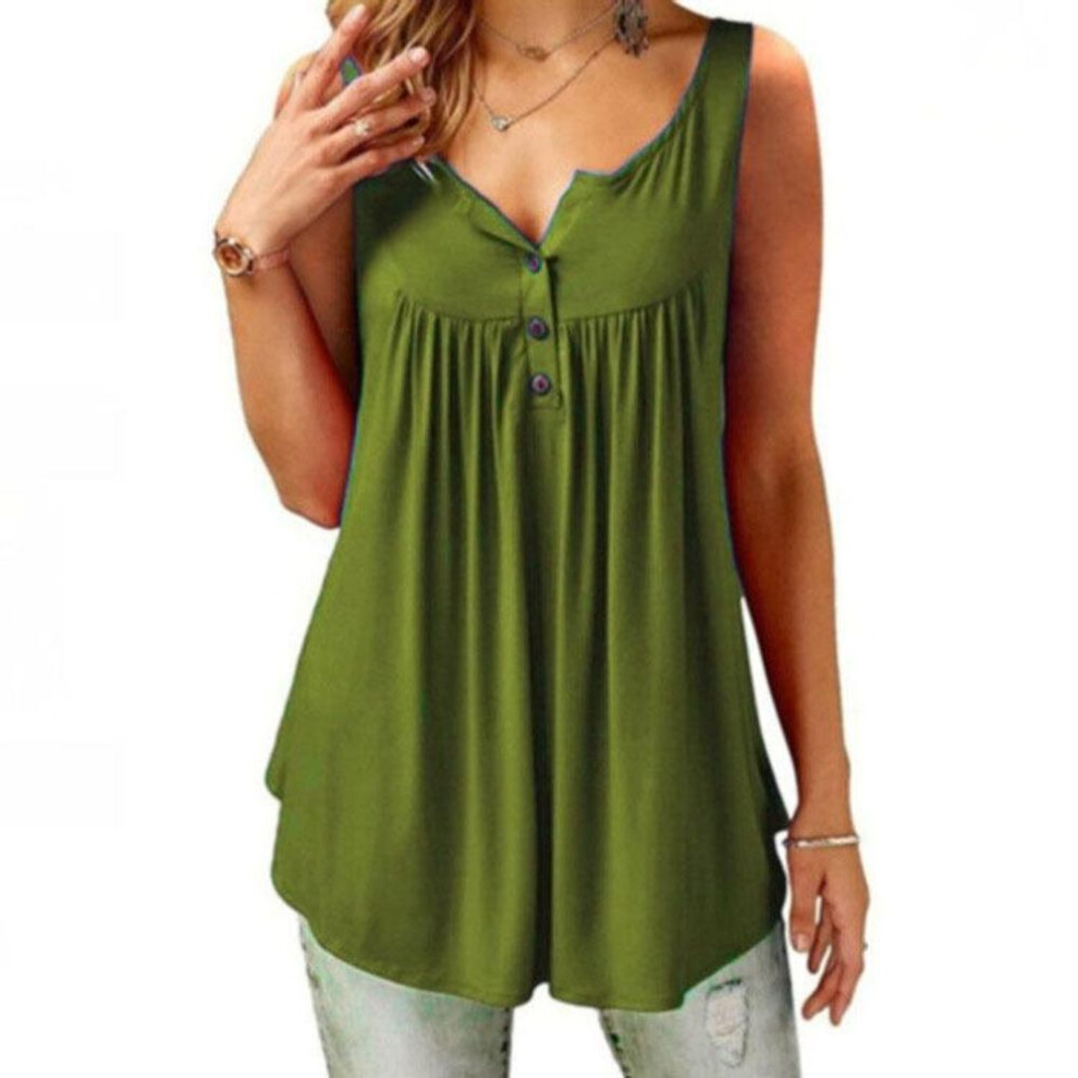 (L, army green) Plus Size Casual Sleeveless Tops Sexy Deep V-neck Halter Button Blouse Ladies Swing Flowy Vest