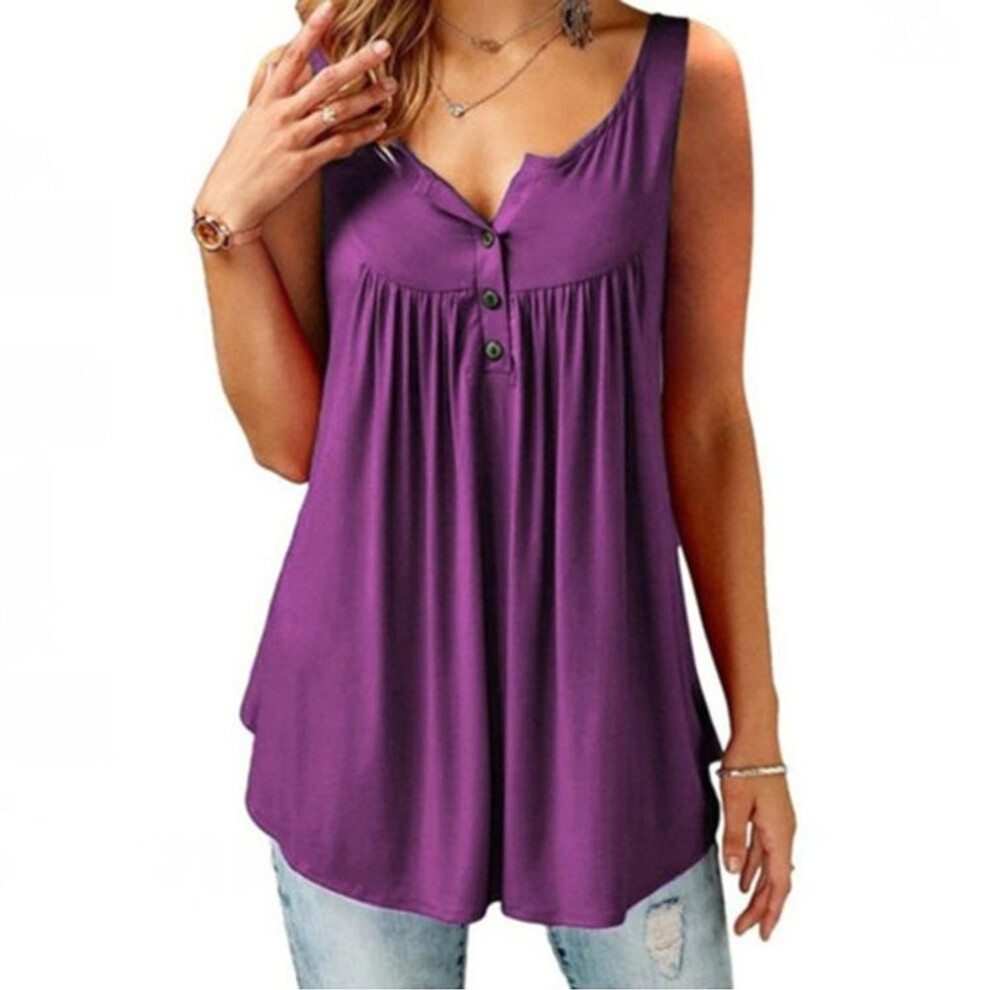 (S, purple) Plus Size Casual Sleeveless Tops Sexy Deep V-neck Halter Button Blouse Ladies Swing Flowy Vest