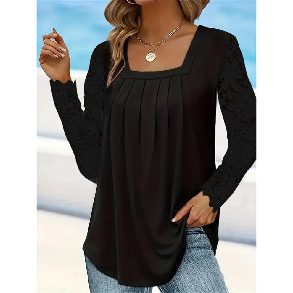 (2XL, black) Autumn Women Fashion Elegant Square Neck Lace Long Sleeve Outwear Hollow Out Sexy Blouses Vacation Pullover