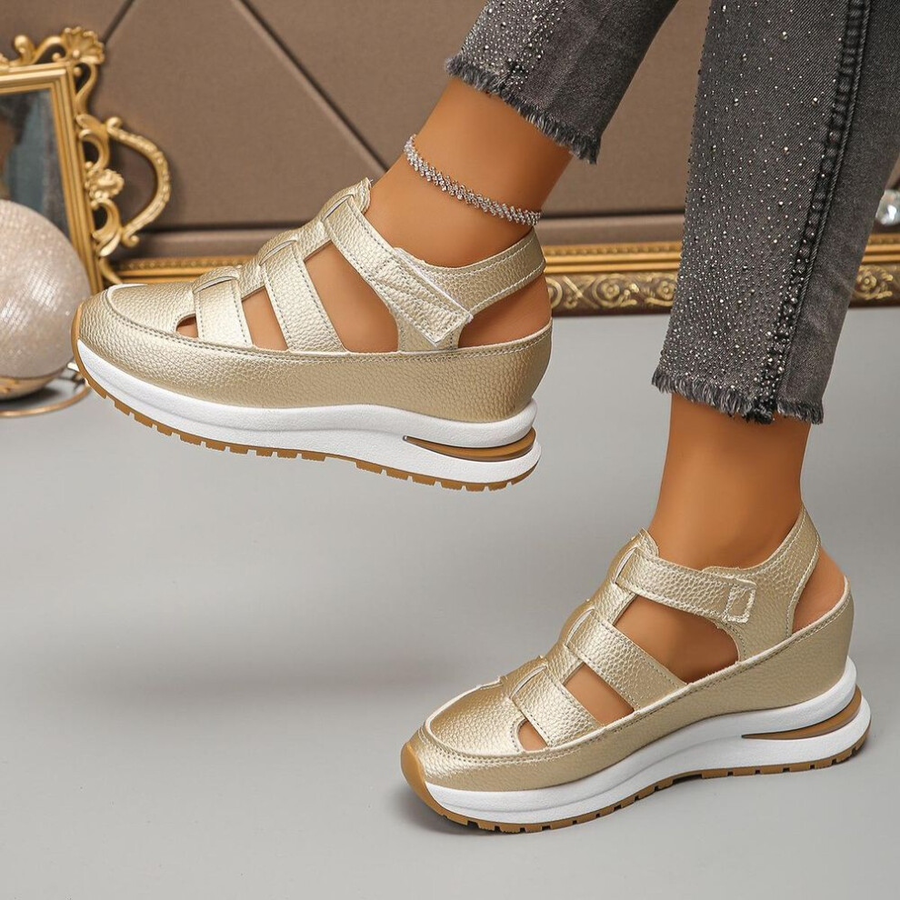 (gold, 35) Women's Fashion Sandals Solid Color Platform Heel Casual Sports Shoes