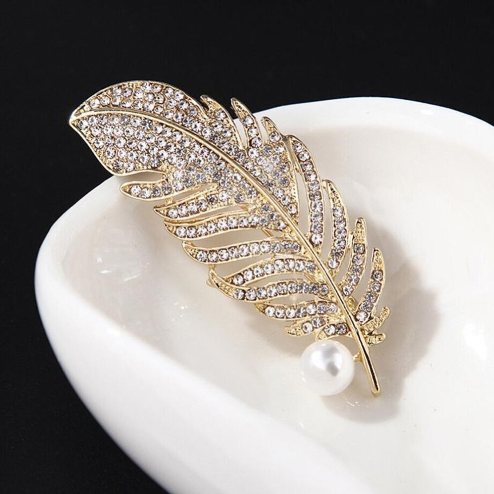 (champagne) Crystal Feather Leaf Shaped Brooch Pearl Pin Badge Bag Decor Wedding Jewelry