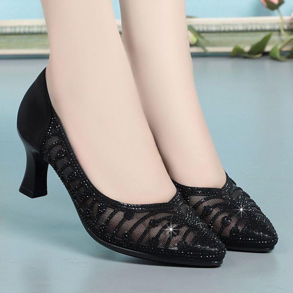 (black, 40) Breathable High Heels Women's Summer Bag Head Mesh Rhinestone Pointed Toe Openwork Women's Sandals