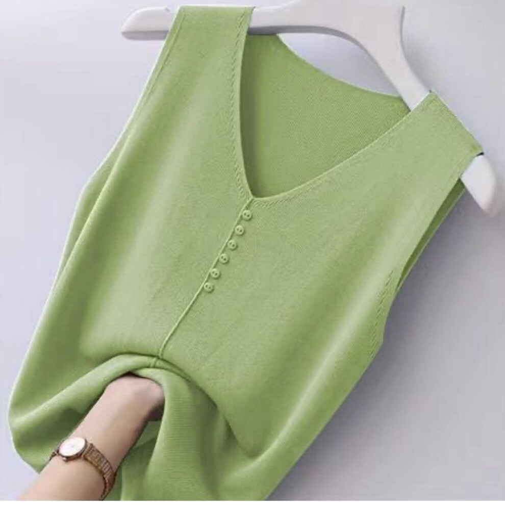 (L, light green) Summer Women's Large Size Sleeveless Ice Silk Camisole Loose V-neck Short Bottoming Shirt Top Vest