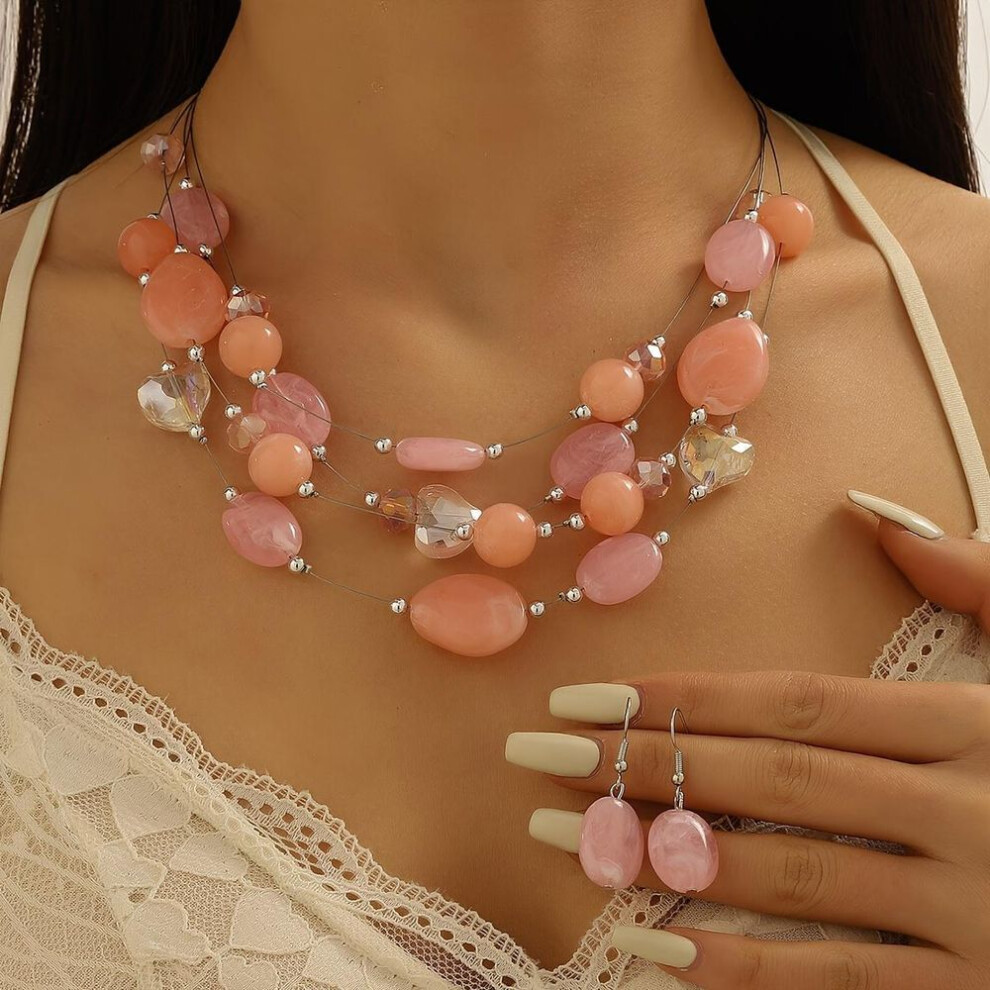 (pink) Boho-chic 3pcs Summer Jewelry Set - Colorful Beaded Necklace And Earrings, Perfect For Parties & Vacations