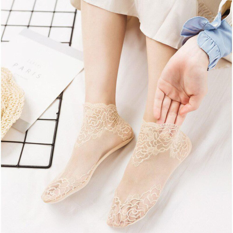 (beige) Fashion Women Fishnet Ankle High Socks Mesh Lace Floral Ruffle Short Socks