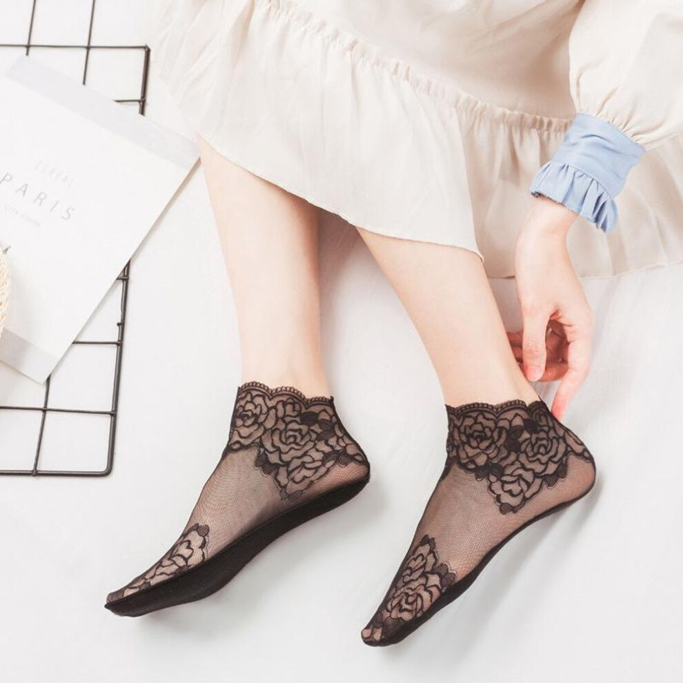 (black) Fashion Women Fishnet Ankle High Socks Mesh Lace Floral Ruffle Short Socks