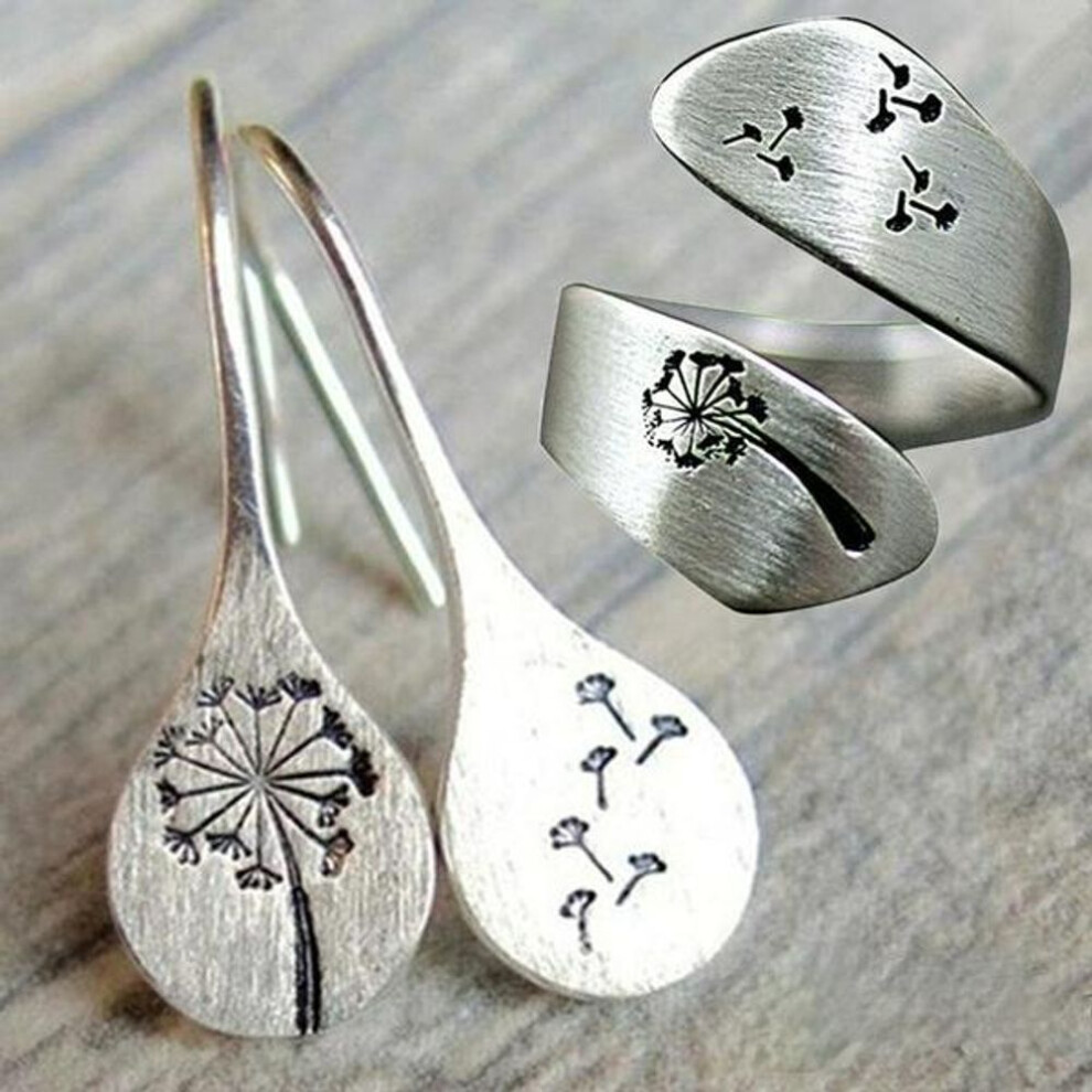 (as the picture, Earrings+Ring) Women Vintage Earring Dandelion Design Classical Style Elegant Ear Stud Earring Dandelion Spiral Opening And Finger Ring Adjustable Jewelry Set