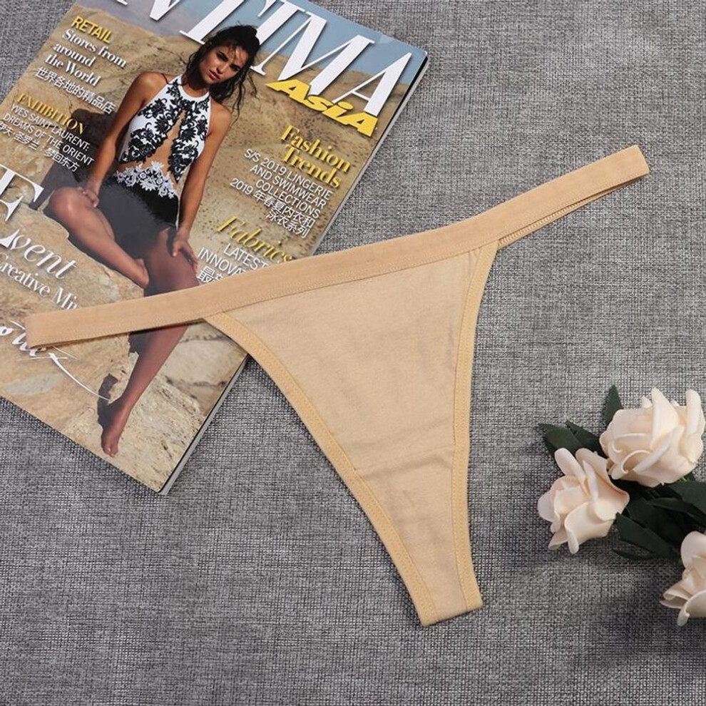 (beige, M) 1 PCS Thin Belt Thong Low Waist Sexy Panties Bikini Cotton Solid Color Women Underwear