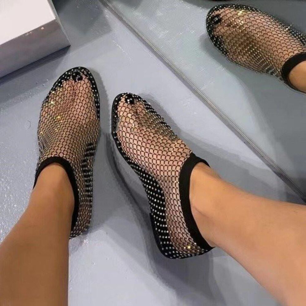 (black, 35) 2024 Summer New Round Toe Sandals with Hollowed Out Diamond Inlaid Short Boots Summer Sexy Oversized Flat Shoes