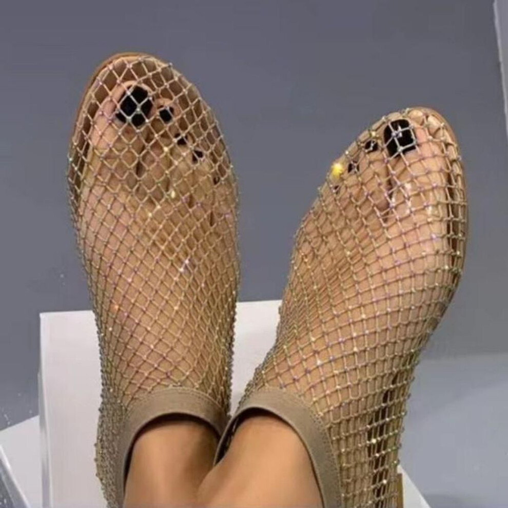 (gold, 37) 2024 Summer New Round Toe Sandals With Hollowed Out Diamond Inlaid Short Boots Summer Sexy Oversized Flat Shoes