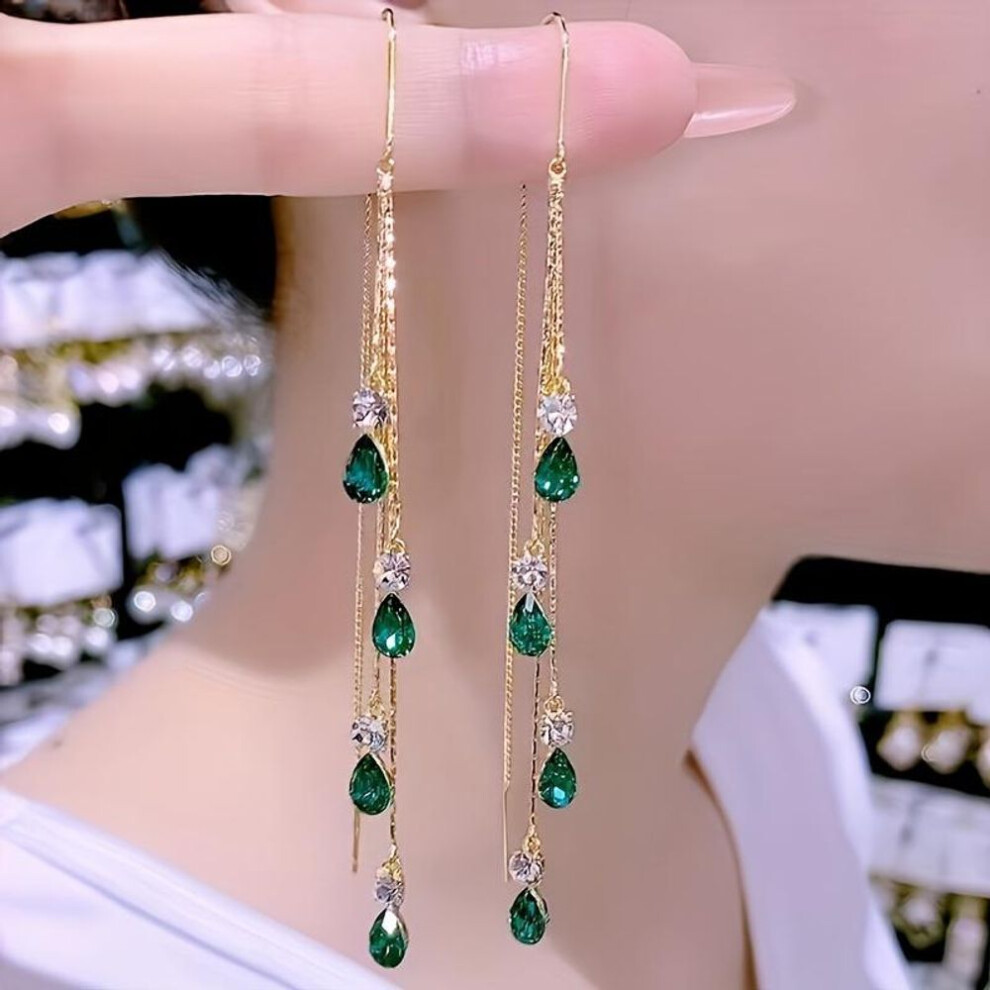 (green) Elegant Colorful Droplet Rhinestone Dangle Earrings Tassel Design Luxury Vintage Elegant Style Alloy Jewelry Trendy Decor For Women Party Jewelry Gift