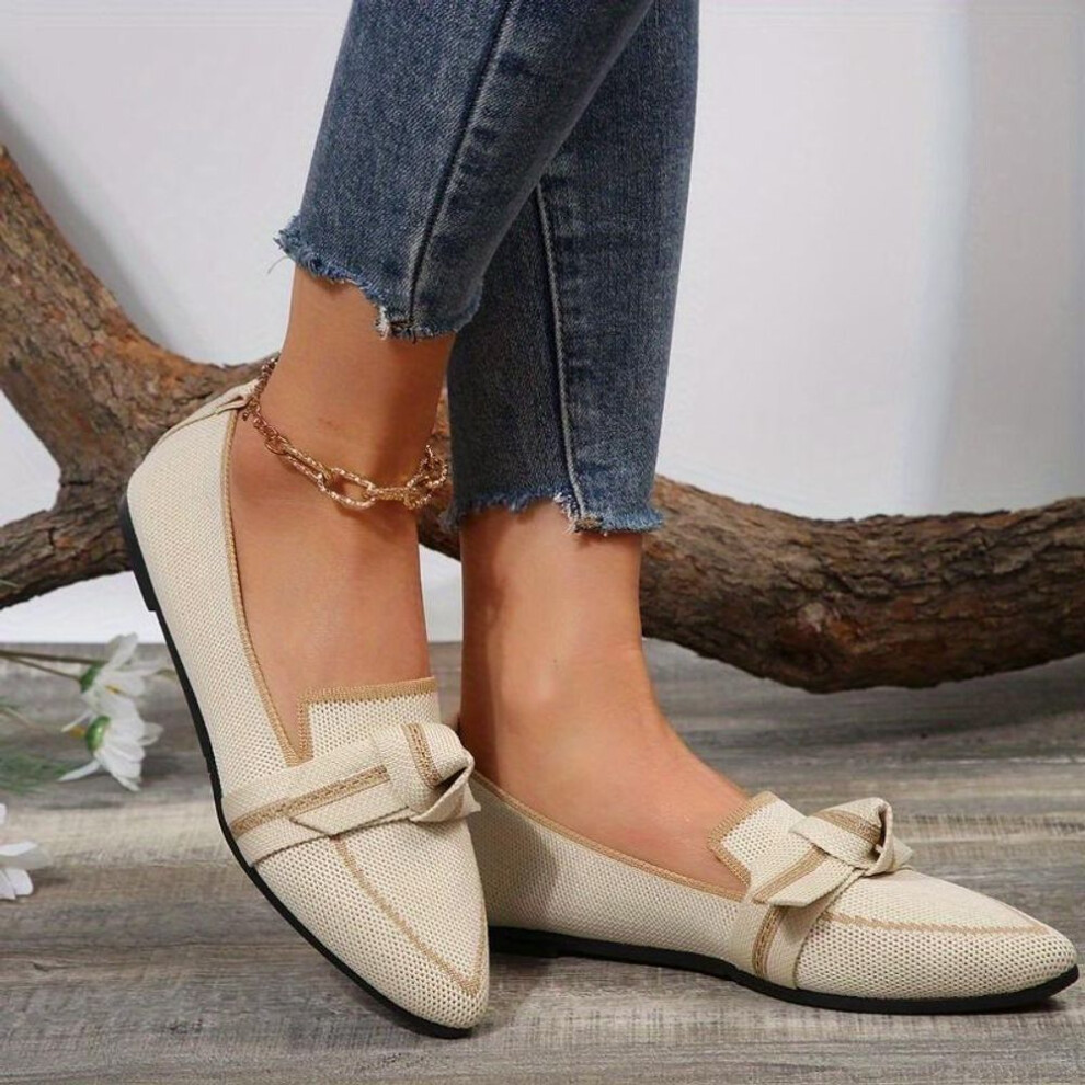 (beige, 36) Elegant Bowknot Ballet Flats - Chic, Breathable Pointed-toe Slip-ons For All-season Fashion And Comfort