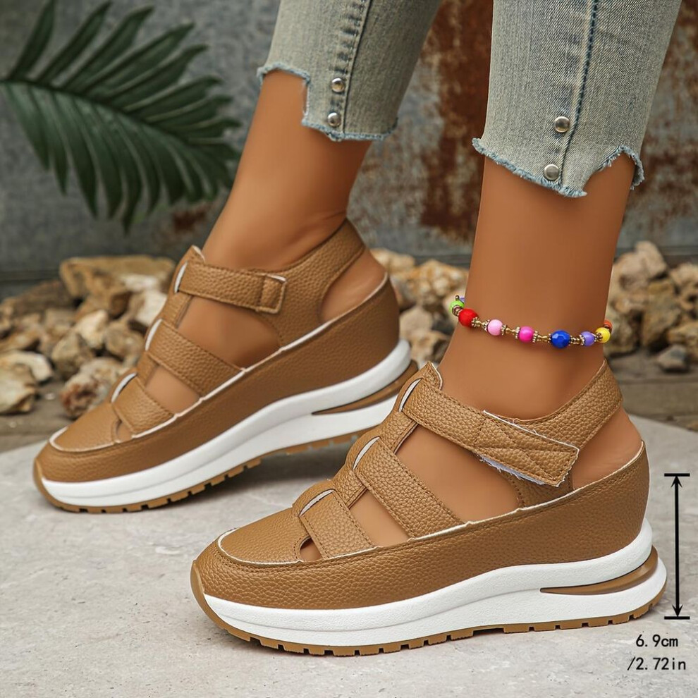(brown, 39) Women's Soft Soled Thick Soled Sandals, Round Toe Comfortable Casual Walking Shoes, Hollow Wedge Heel Breathable Sandals