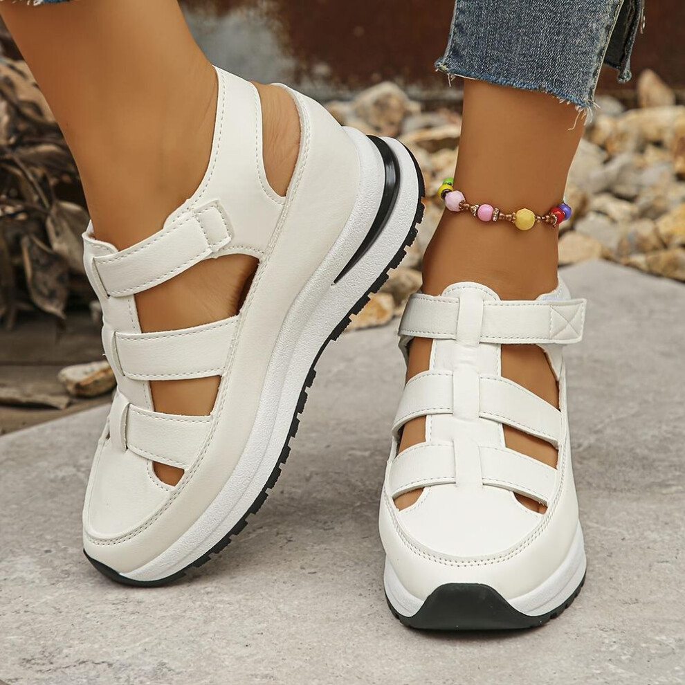 (white, 36) Women's Soft Soled Thick Soled Sandals, Round Toe Comfortable Casual Walking Shoes, Hollow Wedge Heel Breathable Sandals