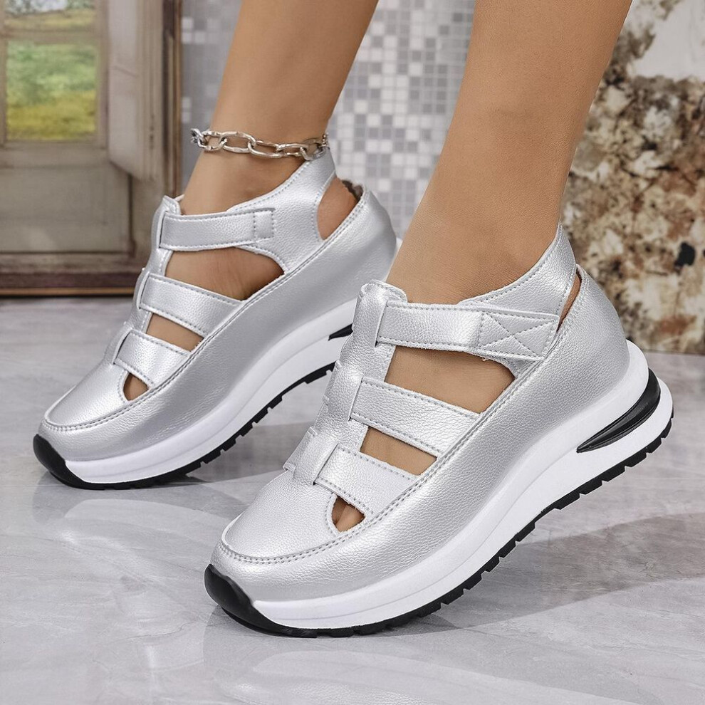 (silver, 42) Women's Soft Soled Thick Soled Sandals, Round Toe Comfortable Casual Walking Shoes, Hollow Wedge Heel Breathable Sandals