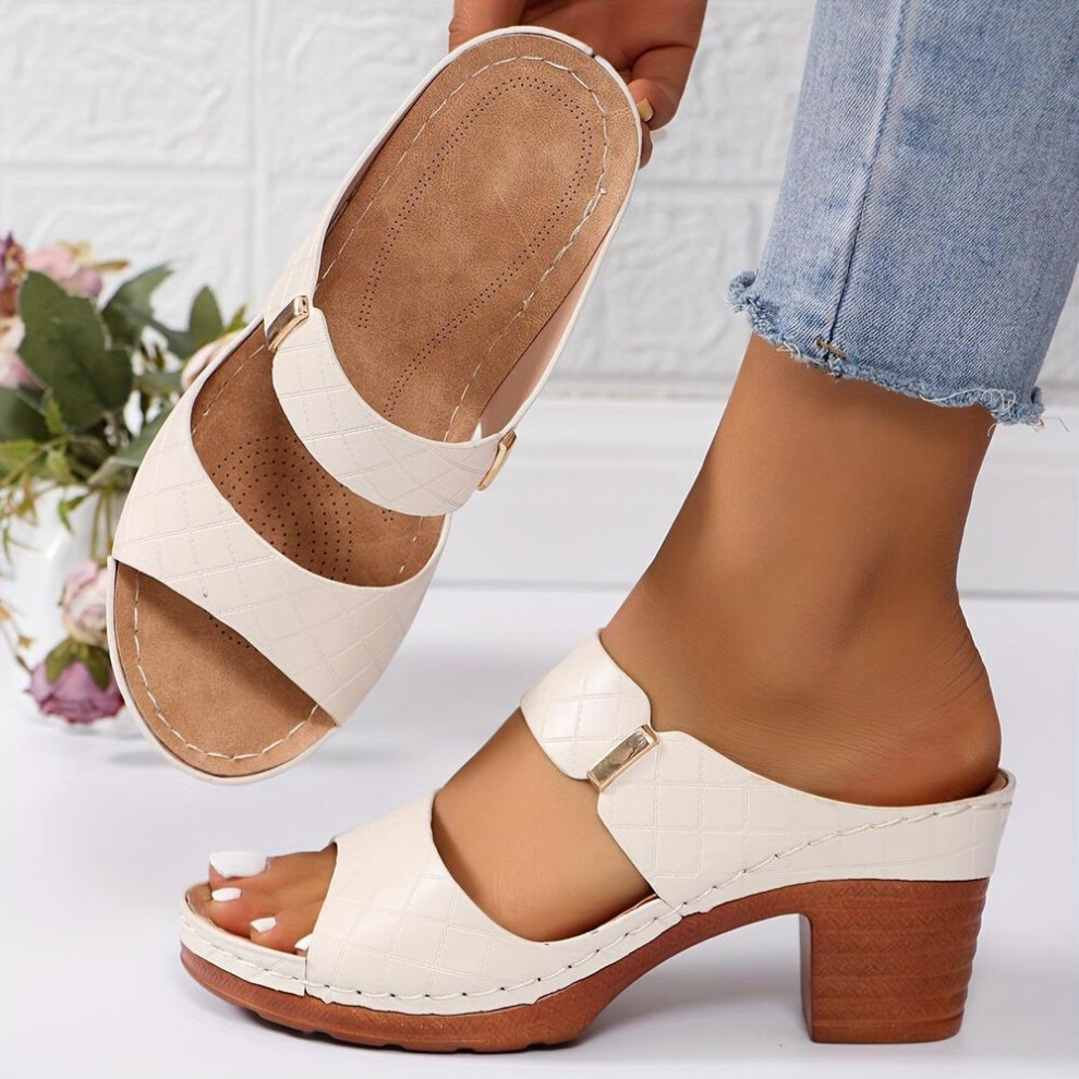 (off white, 41) Women's Block Heeled Peep Toe Sandals - Stylish Slip On Heels For Going Out And Casual Summer Wear