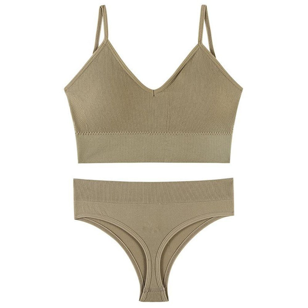 (khaki, S/M) 1 Set Women Lingerie Set Solid Color Fashion Striped V-neck Crop Top Bra And Panties Two Piece Bikini Set Beachwear Underwear