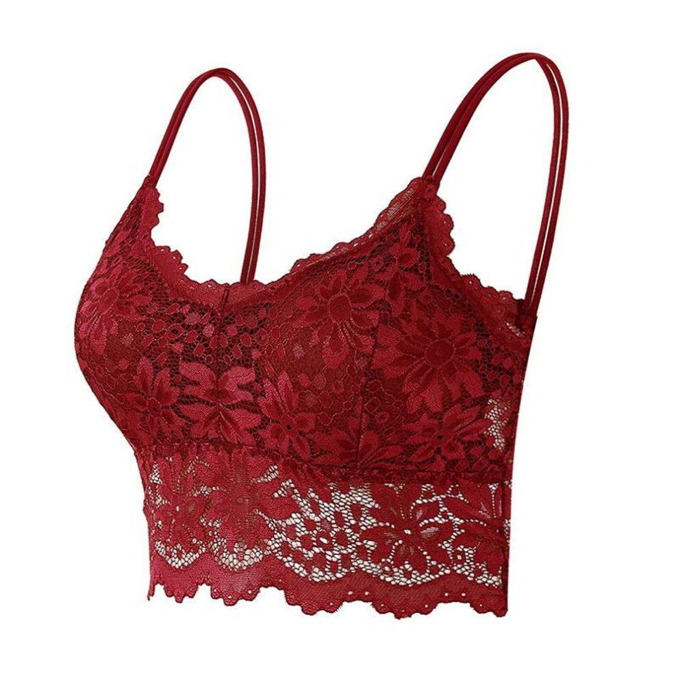 (wine red, L/XL) 32a-95c Women Sleeveless Lace Vest Bra Cropped Top Camisole Padded Tank Tops Fitness Underwear Floral Lace Bralette 7 Colors