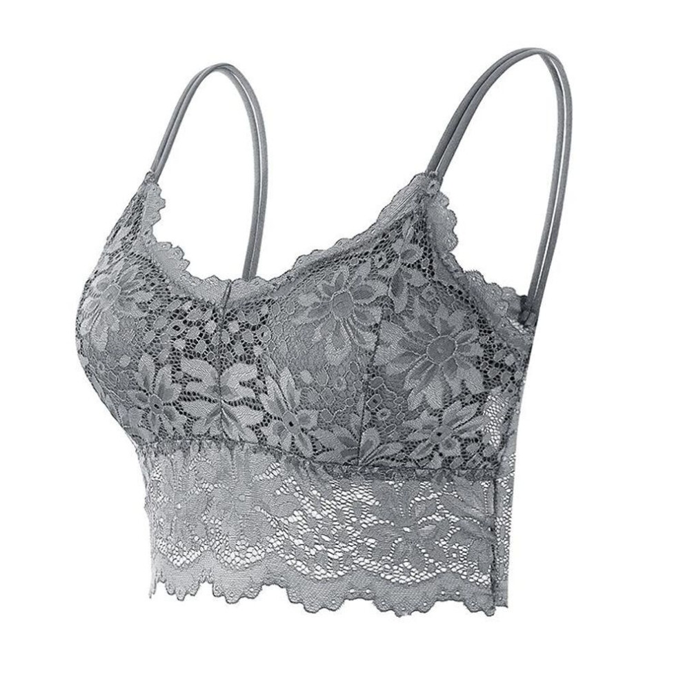 (grey, XL/2XL) 32A-95C Women Sleeveless Lace Vest Bra Cropped Top Camisole Padded Tank Tops Fitness Underwear Floral Lace Bralette 7 Colors