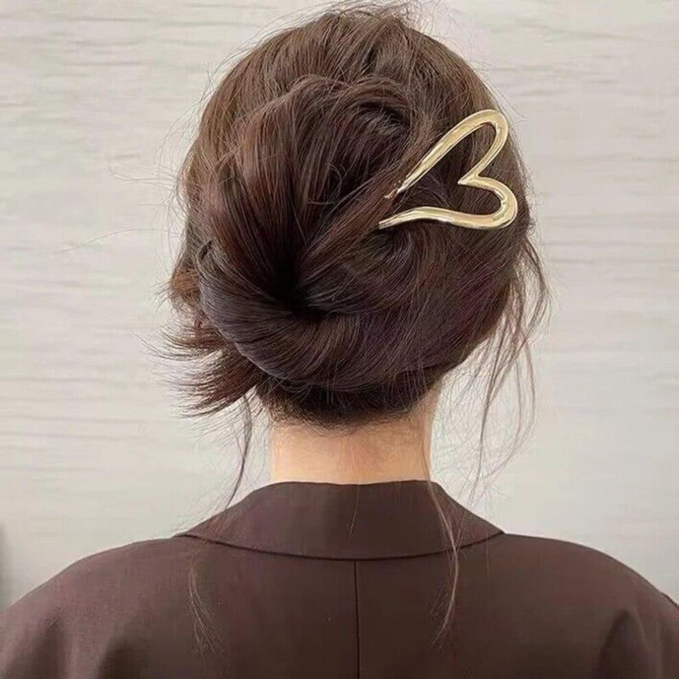 (gold) Trendy Geometric Heart Love Hair Sticks Elegant Metal Ponytail Hair Clip Pin Barrettes For Women Party Hair Accessories Headwear