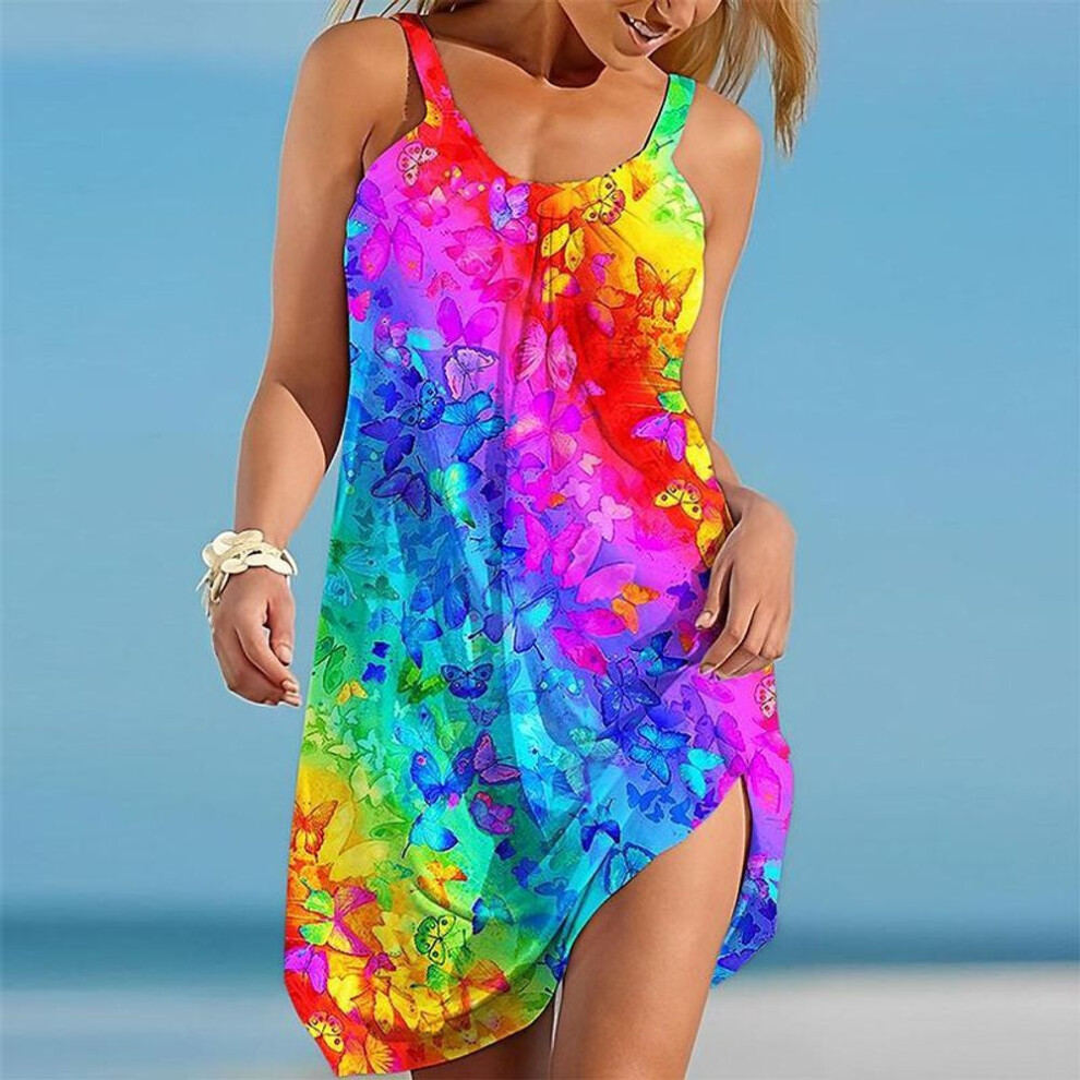 (5XL, pink) Women's Beach Dress Beach Wear Mini Dress Multicolor Crystal Butterfly Print Casual Modern Dress Sleeveless Loose Fit Outdoor Daily Pink Blue Summer