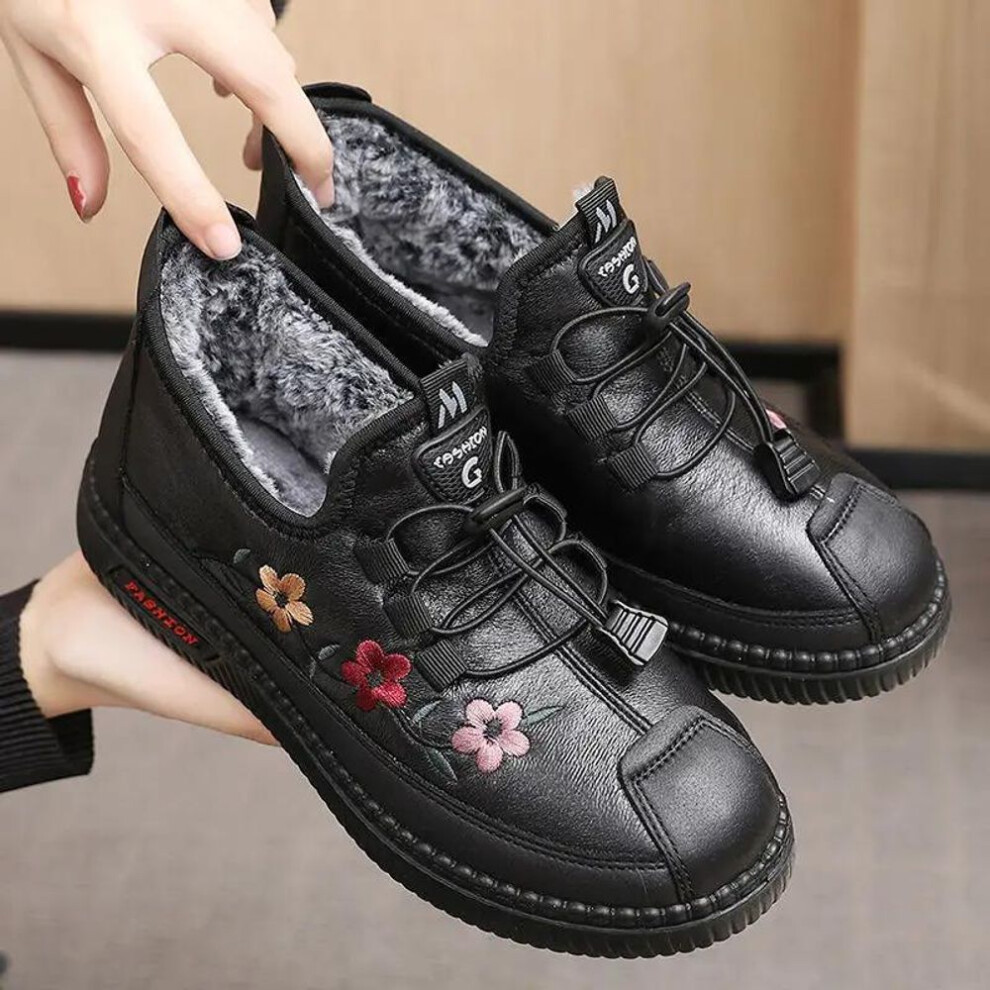 (black, 38) Leather Fur Moccasins Women Sport Sneaker For Elderly Female Soft Warm Comfortable Loafers 2024