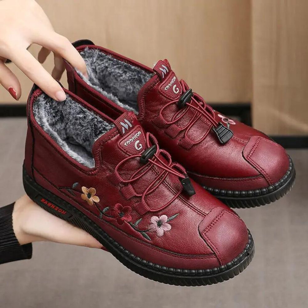(red, 35) Leather Fur Moccasins Women Sport Sneaker for Elderly Female Soft Warm Comfortable Loafers 2024