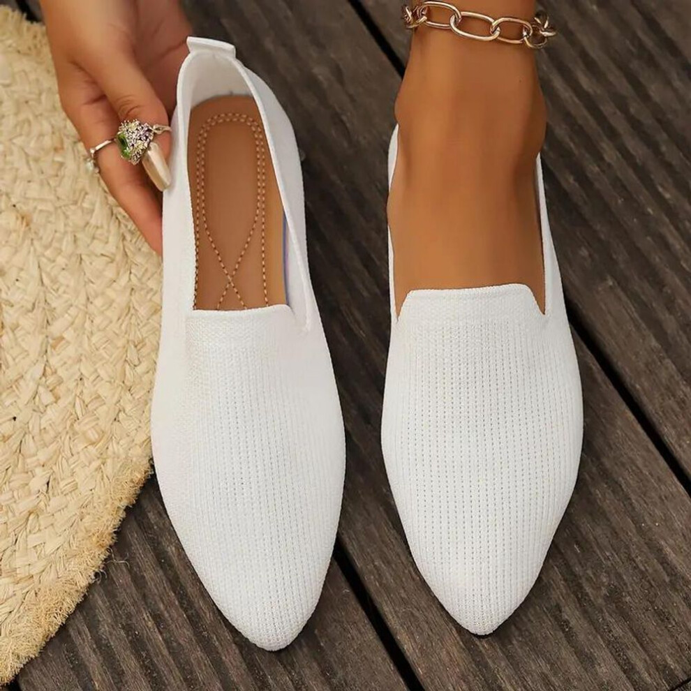 (white, 38) 2024 Autumn New Flyknit Pointed Flat Bottom Single Shoes Large Casual Solid Color Shallow Mouth Women's Flats Shoes