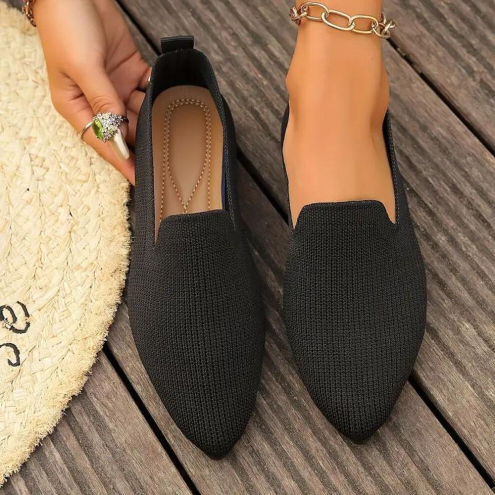 (black, 41) 2024 Autumn New Flyknit Pointed Flat Bottom Single Shoes Large Casual Solid Color Shallow Mouth Women's Flats Shoes