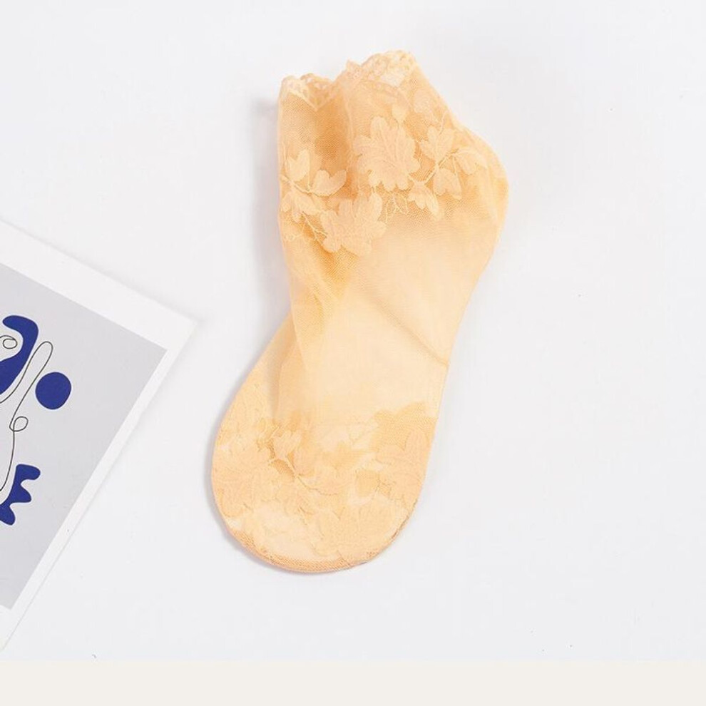 (beige, EUR35-40) Lolita Women Invisible Lace Socks Thin Ladies Lace Boat Socks Hollow Non-slip Shallow Transparent Socks Women