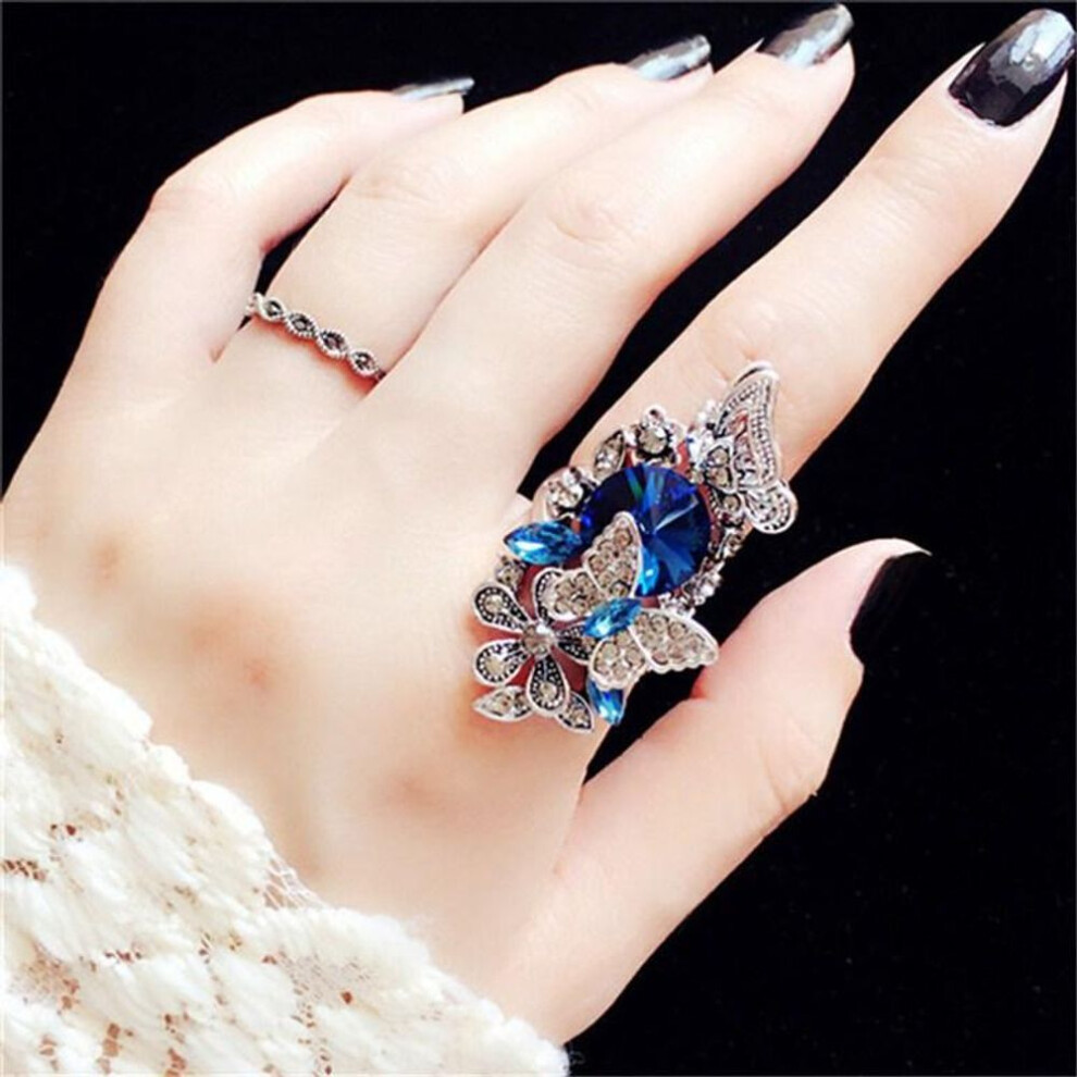 (blue, 6.0) 2 Piece Set of Creative Butterfly Ring European and American Court Retro All-match Women Ring