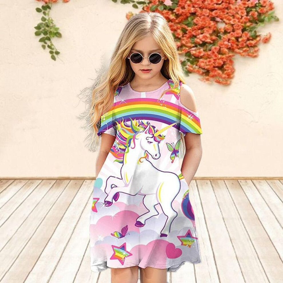 (white, 120) Girls Floral Pink Horse Print Dresses Kids Girl Party Off Shoulder Dress Princess Dress Short Sleeved Dress Over Four Years Old